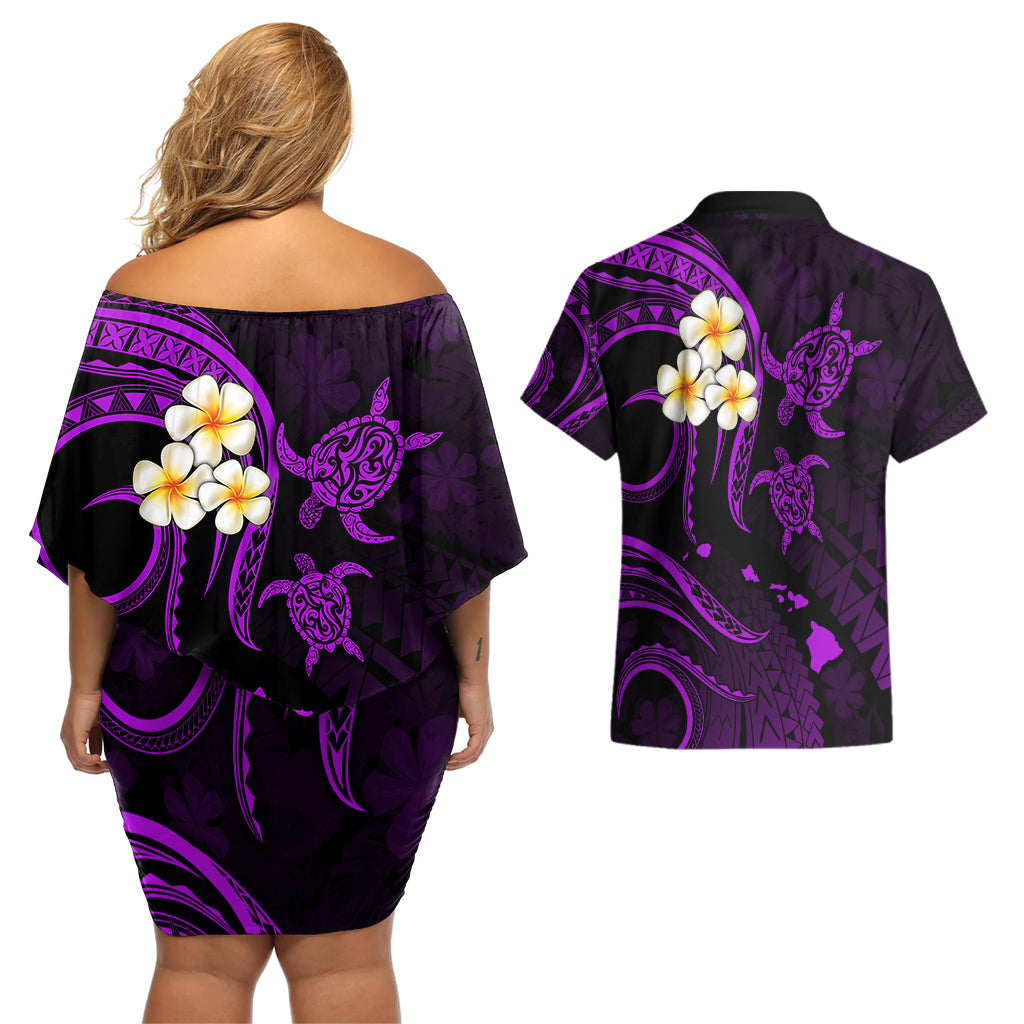 Polynesian Hawaii Couples Off Shoulder Short Dress and Hawaiian Shirt Molokai Islands with Pacific Plumeria Purple Vibe LT9 - Polynesian Pride