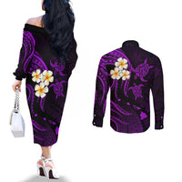 Polynesian Hawaii Couples Off The Shoulder Long Sleeve Dress and Long Sleeve Button Shirts Molokai Islands with Pacific Plumeria Purple Vibe LT9 - Polynesian Pride