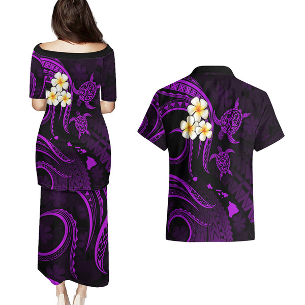 Personalised Hawaii Matching Couple Outfits For Vacation Puletasi Dress and Hawaiian Shirt Blue Polynesian Tribal Art LT14