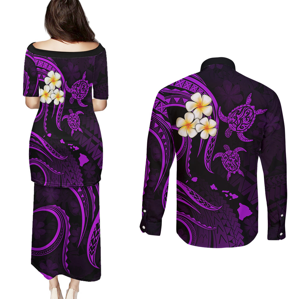 Polynesian Hawaii Couples Puletasi Dress and Long Sleeve Button Shirts Molokai Islands with Pacific Plumeria Purple Vibe LT9 - Polynesian Pride