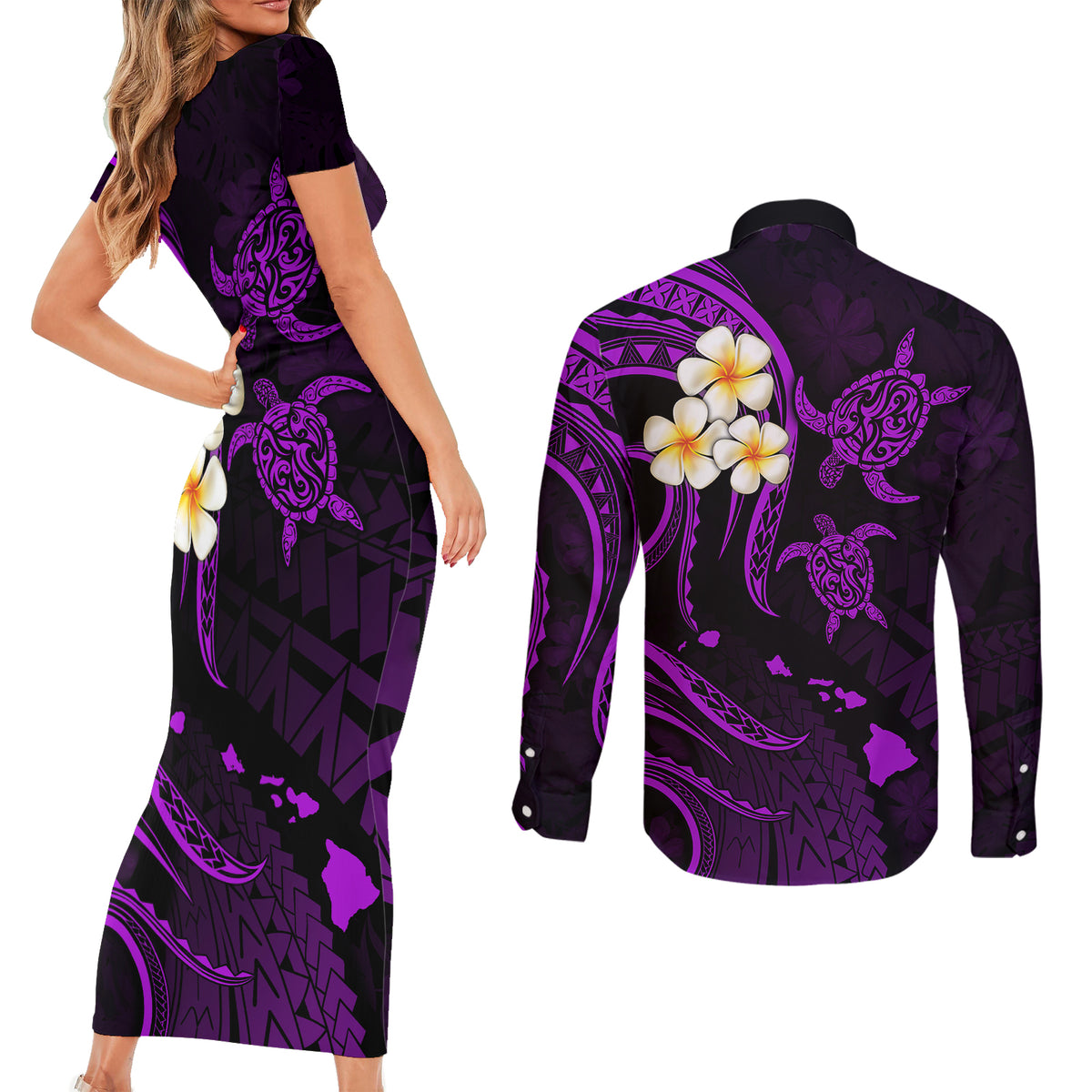 Polynesian Hawaii Couples Short Sleeve Bodycon Dress and Long Sleeve Button Shirts Molokai Islands with Pacific Plumeria Purple Vibe LT9 - Polynesian Pride