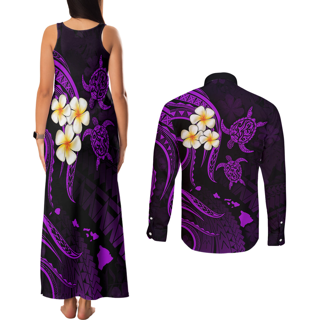 Polynesian Hawaii Couples Matching Tank Maxi Dress and Long Sleeve Button Shirts Molokai Islands with Pacific Plumeria Purple Vibe LT9 - Polynesian Pride