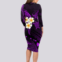 Polynesian Hawaii Long Sleeve Bodycon Dress Molokai Islands with Pacific Plumeria Purple Vibe LT9 - Polynesian Pride