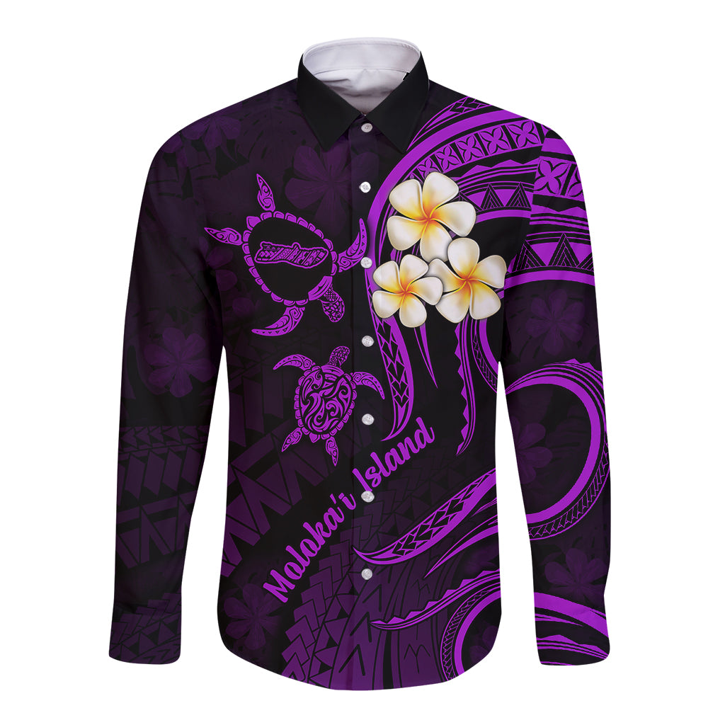 Polynesian Hawaii Long Sleeve Button Shirt Molokai Islands with Pacific Plumeria Purple Vibe LT9 Unisex Purple - Polynesian Pride