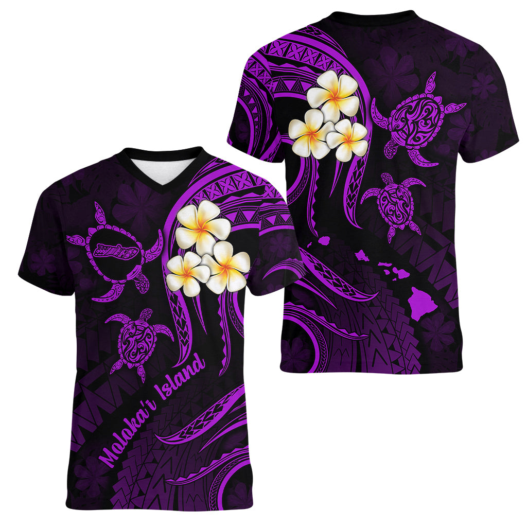 Polynesian Hawaii Women V Neck T Shirt Molokai Islands with Pacific Plumeria Purple Vibe LT9 - Polynesian Pride
