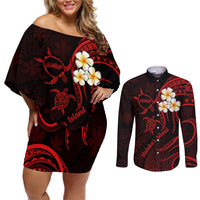 Polynesian Hawaii Couples Off Shoulder Short Dress and Long Sleeve Button Shirts Molokai Islands with Pacific Plumeria Red Vibe LT9 Red - Polynesian Pride