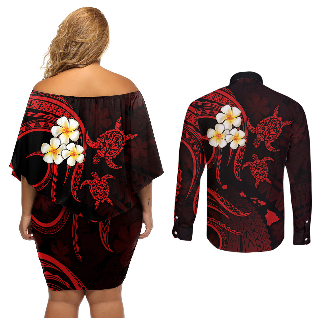 Polynesian Hawaii Couples Off Shoulder Short Dress and Long Sleeve Button Shirts Molokai Islands with Pacific Plumeria Red Vibe LT9 - Polynesian Pride