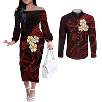 Polynesian Hawaii Couples Off The Shoulder Long Sleeve Dress and Long Sleeve Button Shirts Molokai Islands with Pacific Plumeria Red Vibe LT9 Red - Polynesian Pride