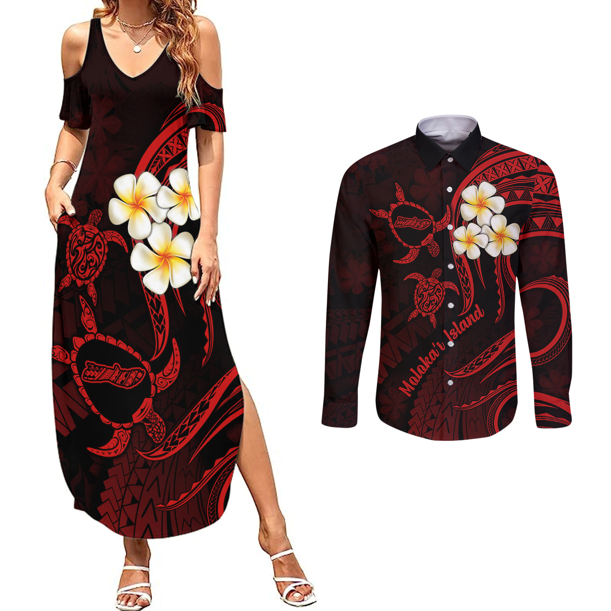 Polynesian Hawaii Couples Summer Maxi Dress and Long Sleeve Button Shirts Molokai Islands with Pacific Plumeria Red Vibe LT9 Red - Polynesian Pride