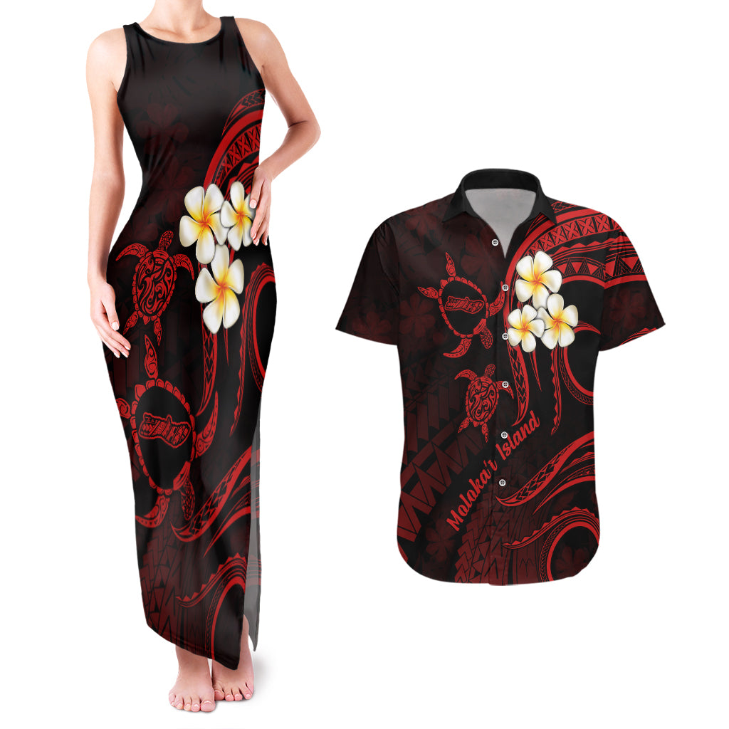 Polynesian Hawaii Couples Matching Tank Maxi Dress And Hawaiian Shirt Molokai Islands with Pacific Plumeria Red Vibe LT9 Red - Polynesian Pride