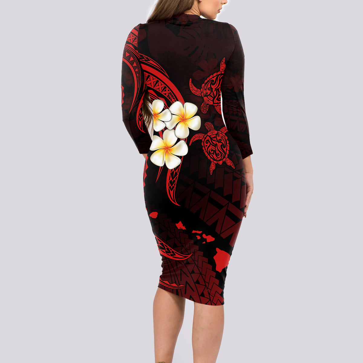 Polynesian Hawaii Long Sleeve Bodycon Dress Molokai Islands with Pacific Plumeria Red Vibe LT9 - Polynesian Pride