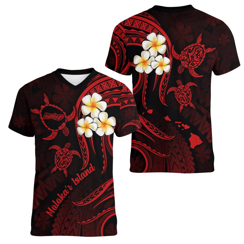 Polynesian Hawaii Women V Neck T Shirt Molokai Islands with Pacific Plumeria Red Vibe LT9 - Polynesian Pride
