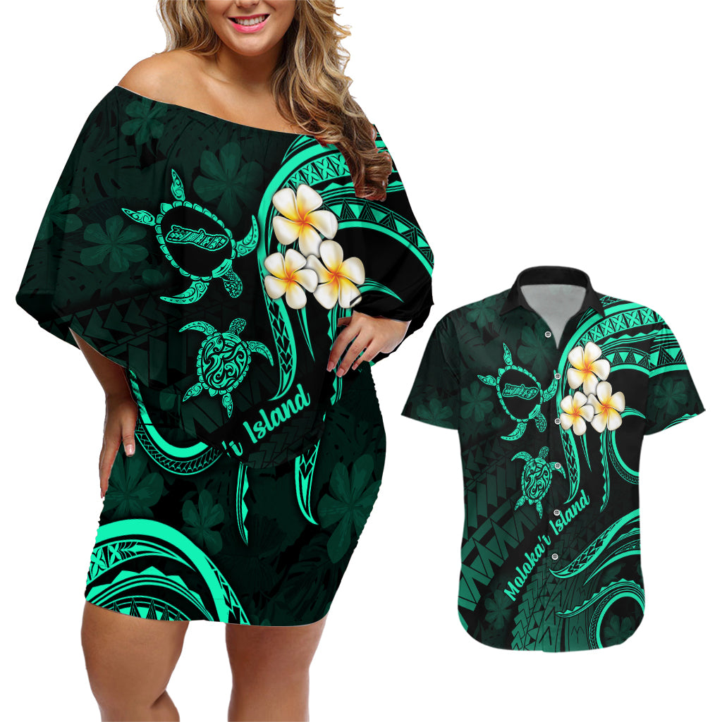 Polynesian Hawaii Couples Off Shoulder Short Dress and Hawaiian Shirt Molokai Islands with Pacific Plumeria Turquoise Vibe LT9 Turquoise - Polynesian Pride