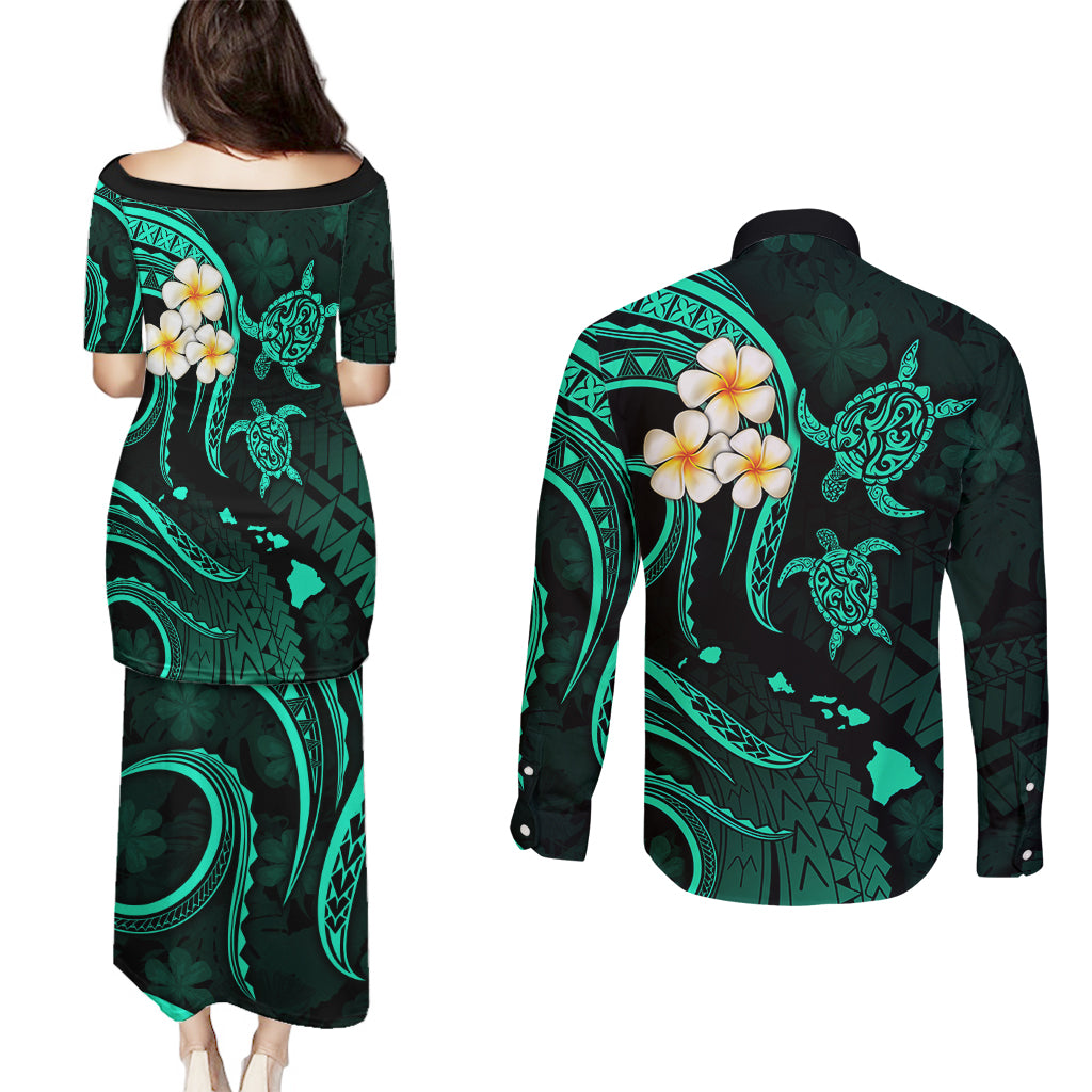 Polynesian Hawaii Couples Puletasi Dress and Long Sleeve Button Shirts Molokai Islands with Pacific Plumeria Turquoise Vibe LT9 - Polynesian Pride