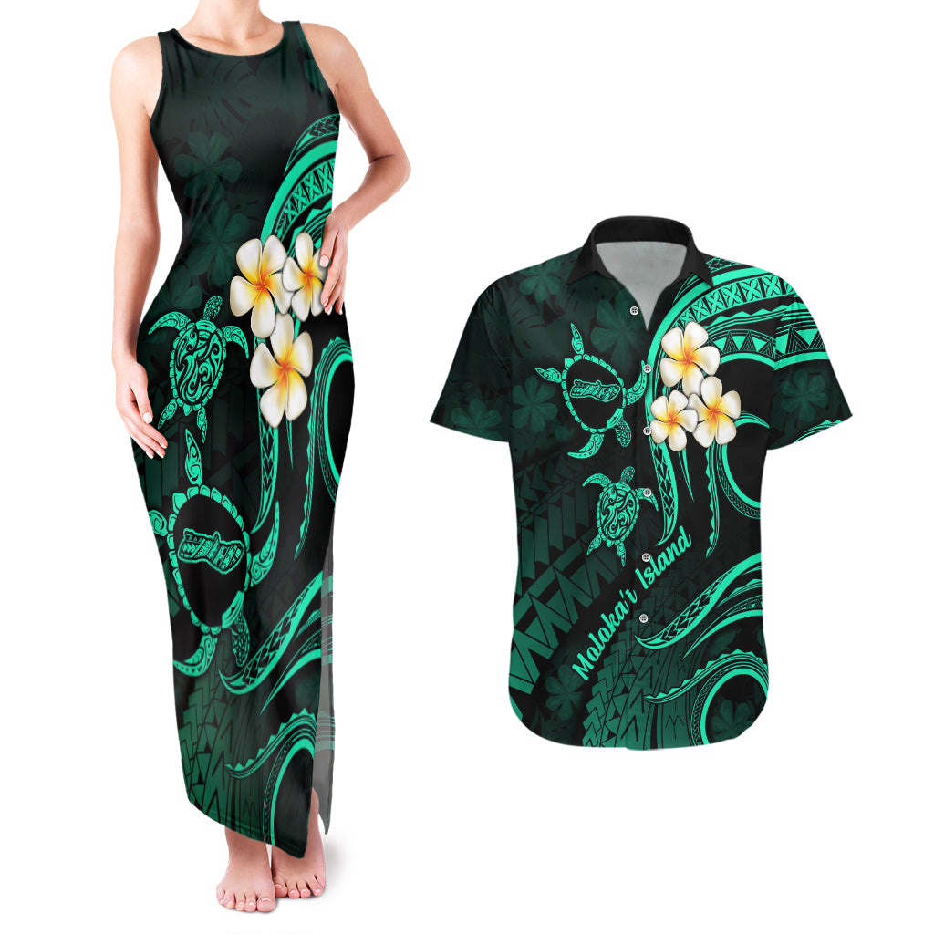 Polynesian Hawaii Couples Matching Tank Maxi Dress And Hawaiian Shirt Molokai Islands with Pacific Plumeria Turquoise Vibe LT9 Turquoise - Polynesian Pride