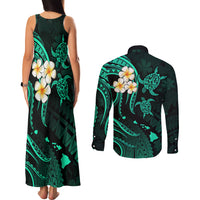 Polynesian Hawaii Couples Matching Tank Maxi Dress and Long Sleeve Button Shirts Molokai Islands with Pacific Plumeria Turquoise Vibe LT9 - Polynesian Pride