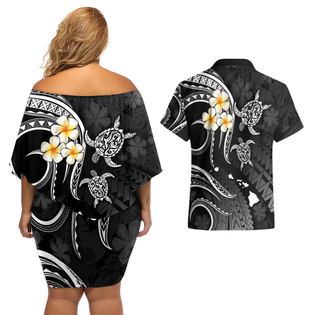 Polynesian Hawaii Couples Off Shoulder Short Dress and Hawaiian Shirt Molokai Islands with Pacific Plumeria White Vibe LT9 - Polynesian Pride
