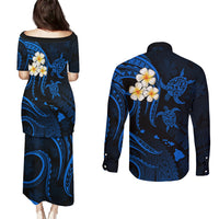 Hawaii Couples Puletasi Dress and Long Sleeve Button Shirts Lanai Islands Polynesian Sunset Plumeria Blue Vibe LT9 - Polynesian Pride