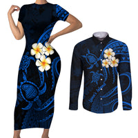 Hawaii Couples Short Sleeve Bodycon Dress and Long Sleeve Button Shirts Lanai Islands Polynesian Sunset Plumeria Blue Vibe LT9 Blue - Polynesian Pride