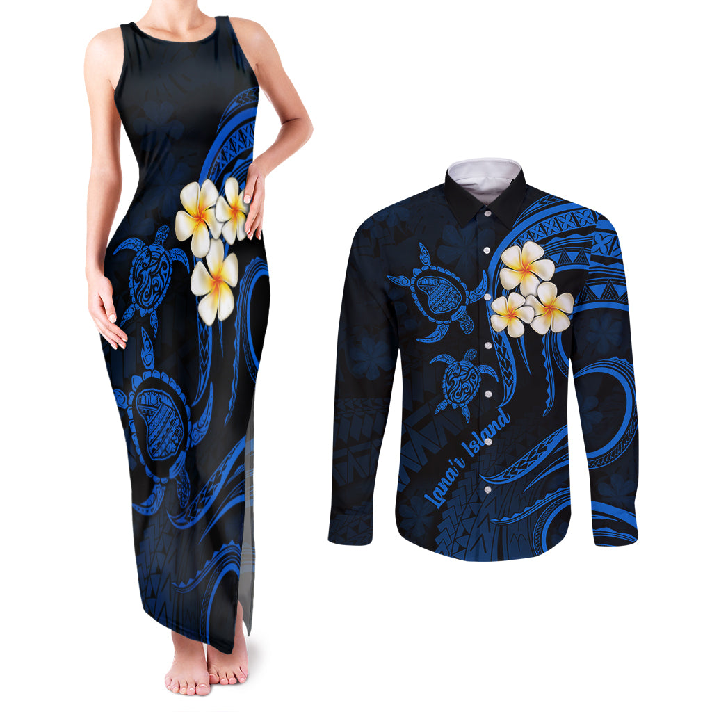 Hawaii Couples Matching Tank Maxi Dress and Long Sleeve Button Shirts Lanai Islands Polynesian Sunset Plumeria Blue Vibe LT9 Blue - Polynesian Pride