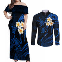 Hawaii Couples Off Shoulder Maxi Dress and Long Sleeve Button Shirts Lanai Islands Polynesian Sunset Plumeria Blue Vibe LT9 Blue - Polynesian Pride