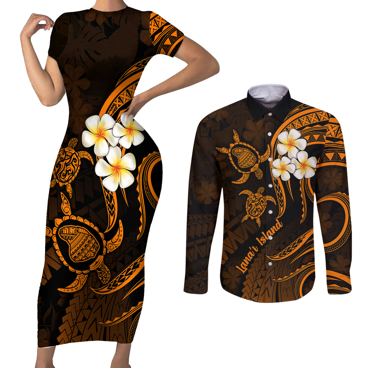 Hawaii Couples Short Sleeve Bodycon Dress and Long Sleeve Button Shirts Lanai Islands Polynesian Sunset Plumeria Gold Vibe LT9 Gold - Polynesian Pride