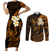 Hawaii Couples Short Sleeve Bodycon Dress and Long Sleeve Button Shirts Lanai Islands Polynesian Sunset Plumeria Gold Vibe LT9 Gold - Polynesian Pride
