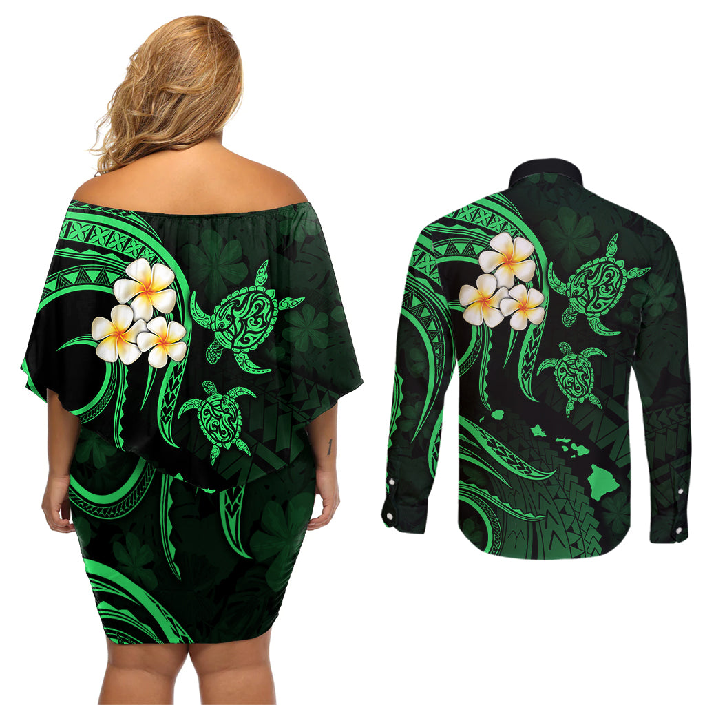 Hawaii Couples Off Shoulder Short Dress and Long Sleeve Button Shirts Lanai Islands Polynesian Sunset Plumeria Green Vibe LT9 - Polynesian Pride