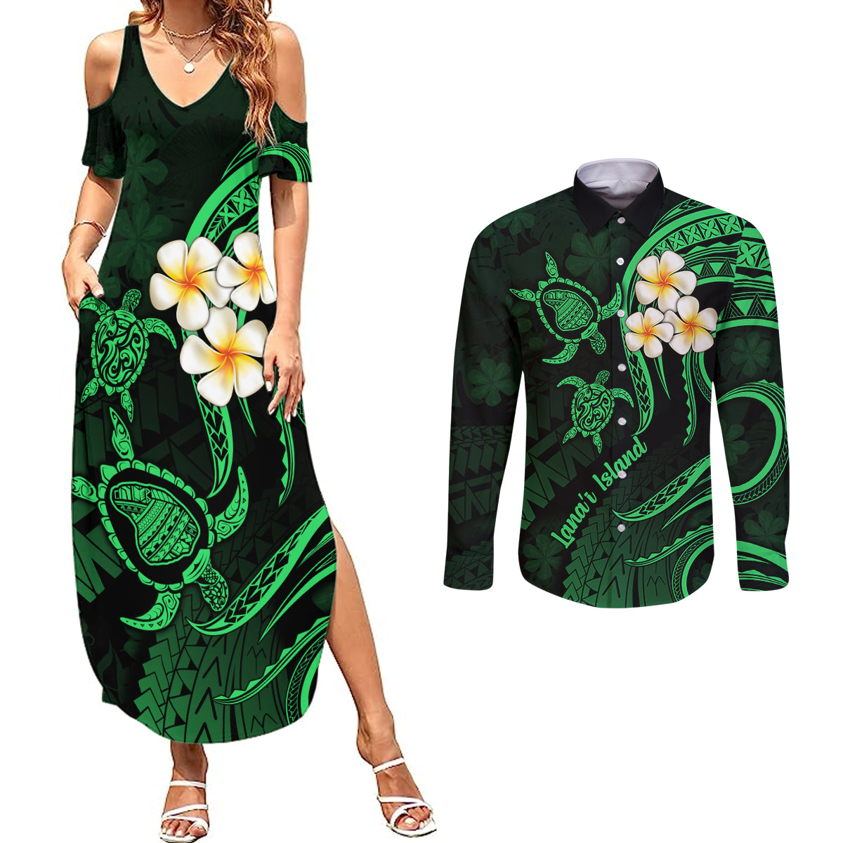 Hawaii Couples Summer Maxi Dress and Long Sleeve Button Shirts Lanai Islands Polynesian Sunset Plumeria Green Vibe LT9 Green - Polynesian Pride