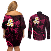 Hawaii Couples Off Shoulder Short Dress and Long Sleeve Button Shirts Lanai Islands Polynesian Sunset Plumeria Pink Vibe LT9 - Polynesian Pride