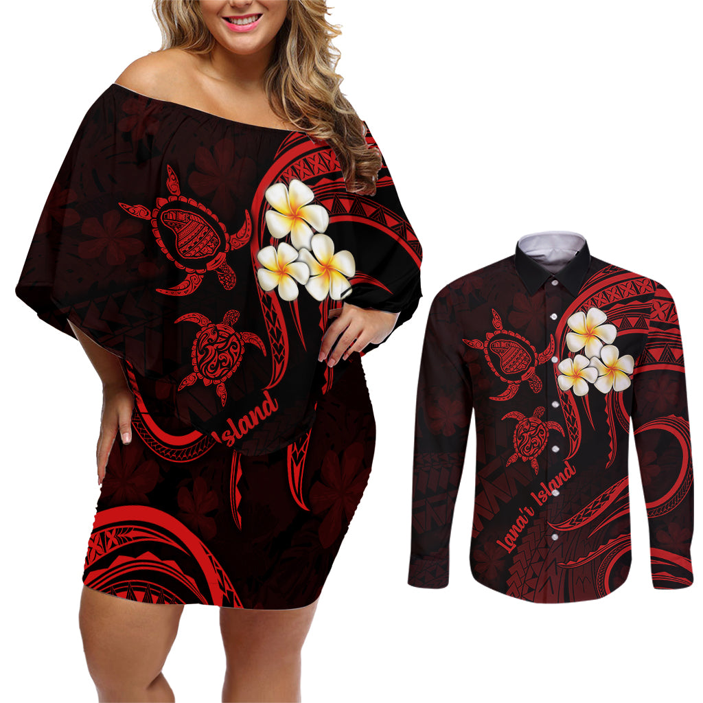 Polynesian Hawaii Couples Off Shoulder Short Dress and Long Sleeve Button Shirts Lanai Islands with Pacific Plumeria Red Vibe LT9 Red - Polynesian Pride