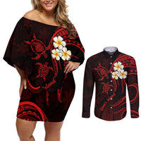 Polynesian Hawaii Couples Off Shoulder Short Dress and Long Sleeve Button Shirts Lanai Islands with Pacific Plumeria Red Vibe LT9 Red - Polynesian Pride