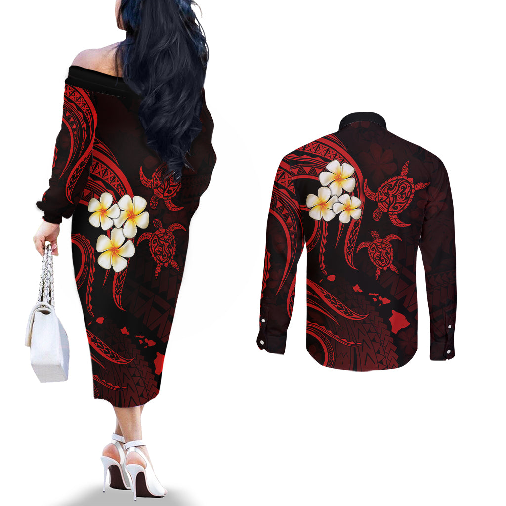 Polynesian Hawaii Couples Off The Shoulder Long Sleeve Dress and Long Sleeve Button Shirts Lanai Islands with Pacific Plumeria Red Vibe LT9 - Polynesian Pride
