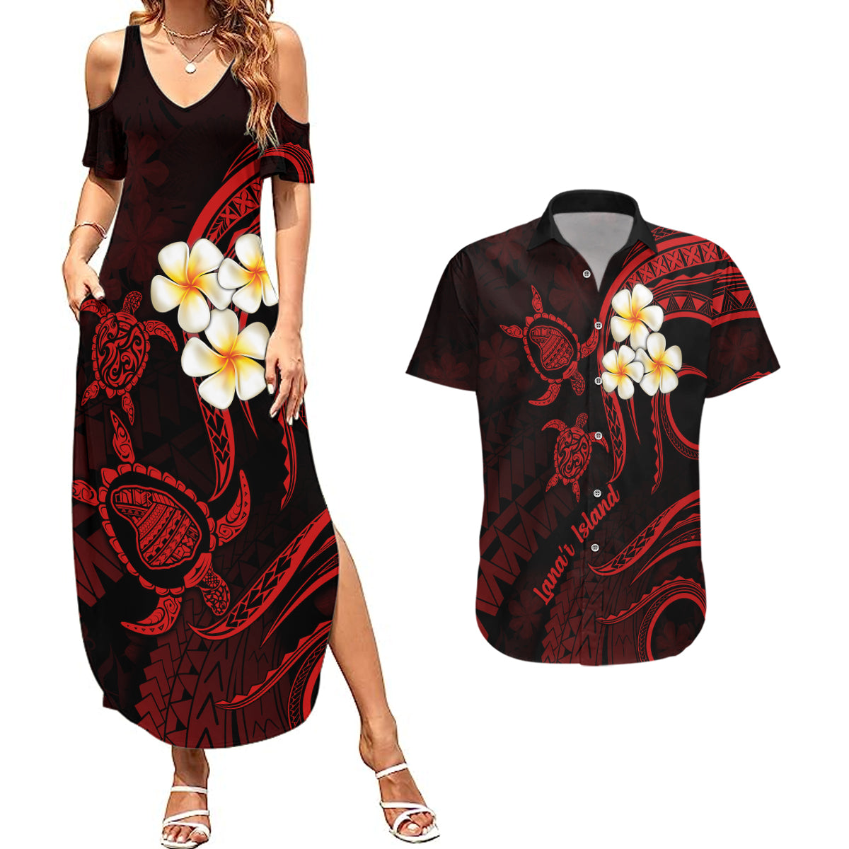 Polynesian Hawaii Couples Summer Maxi Dress and Hawaiian Shirt Lanai Islands with Pacific Plumeria Red Vibe LT9 Red - Polynesian Pride
