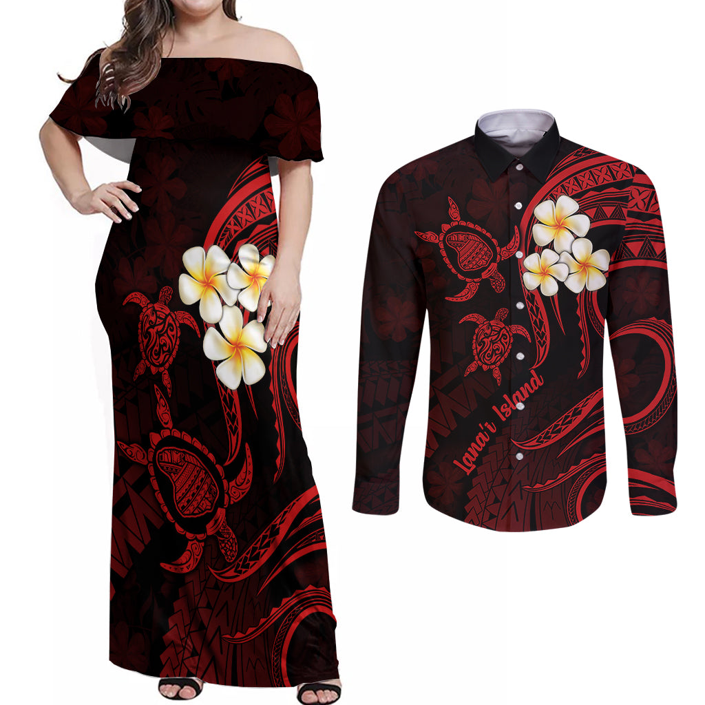 Polynesian Hawaii Couples Off Shoulder Maxi Dress and Long Sleeve Button Shirts Lanai Islands with Pacific Plumeria Red Vibe LT9 Red - Polynesian Pride