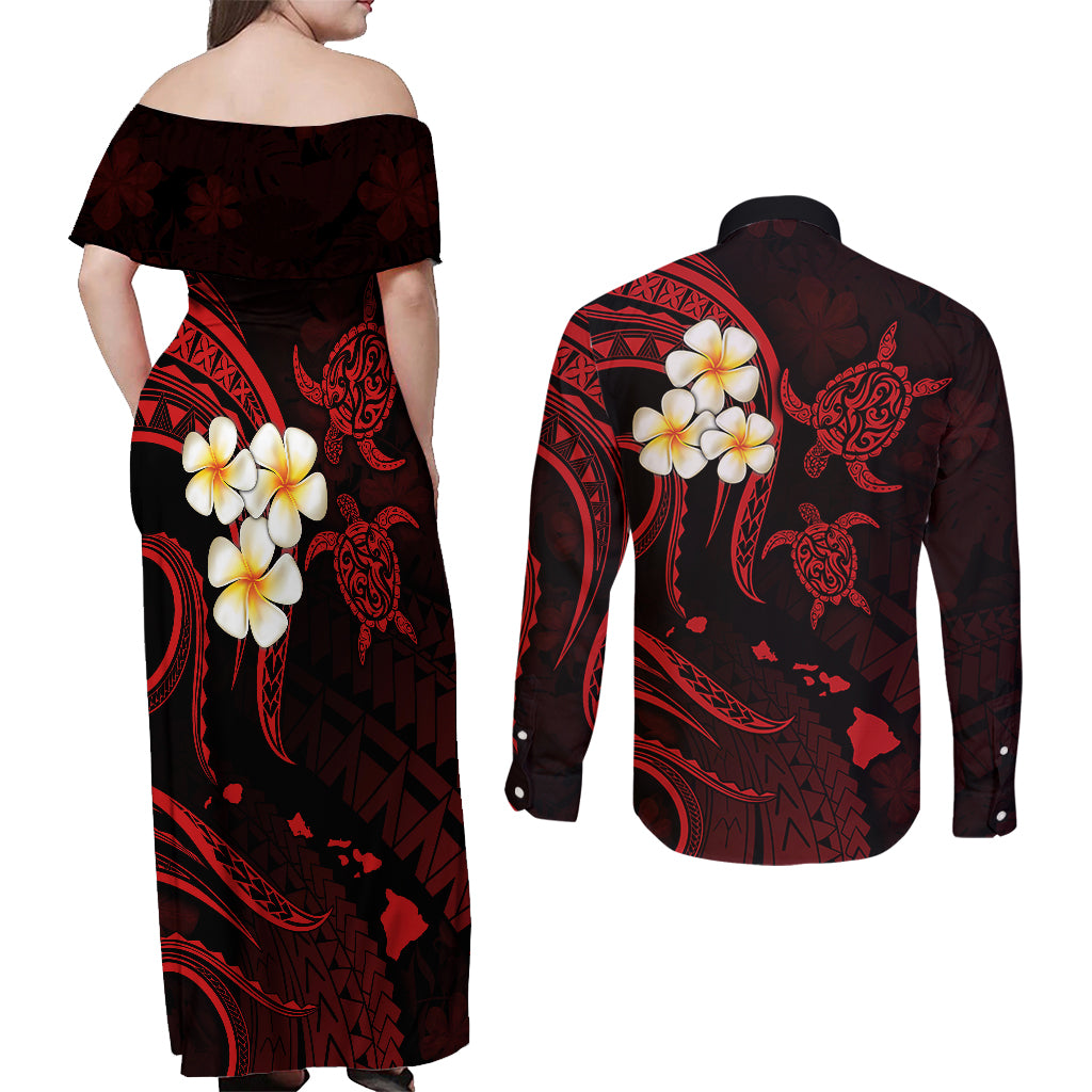 Polynesian Hawaii Couples Off Shoulder Maxi Dress and Long Sleeve Button Shirts Lanai Islands with Pacific Plumeria Red Vibe LT9 - Polynesian Pride