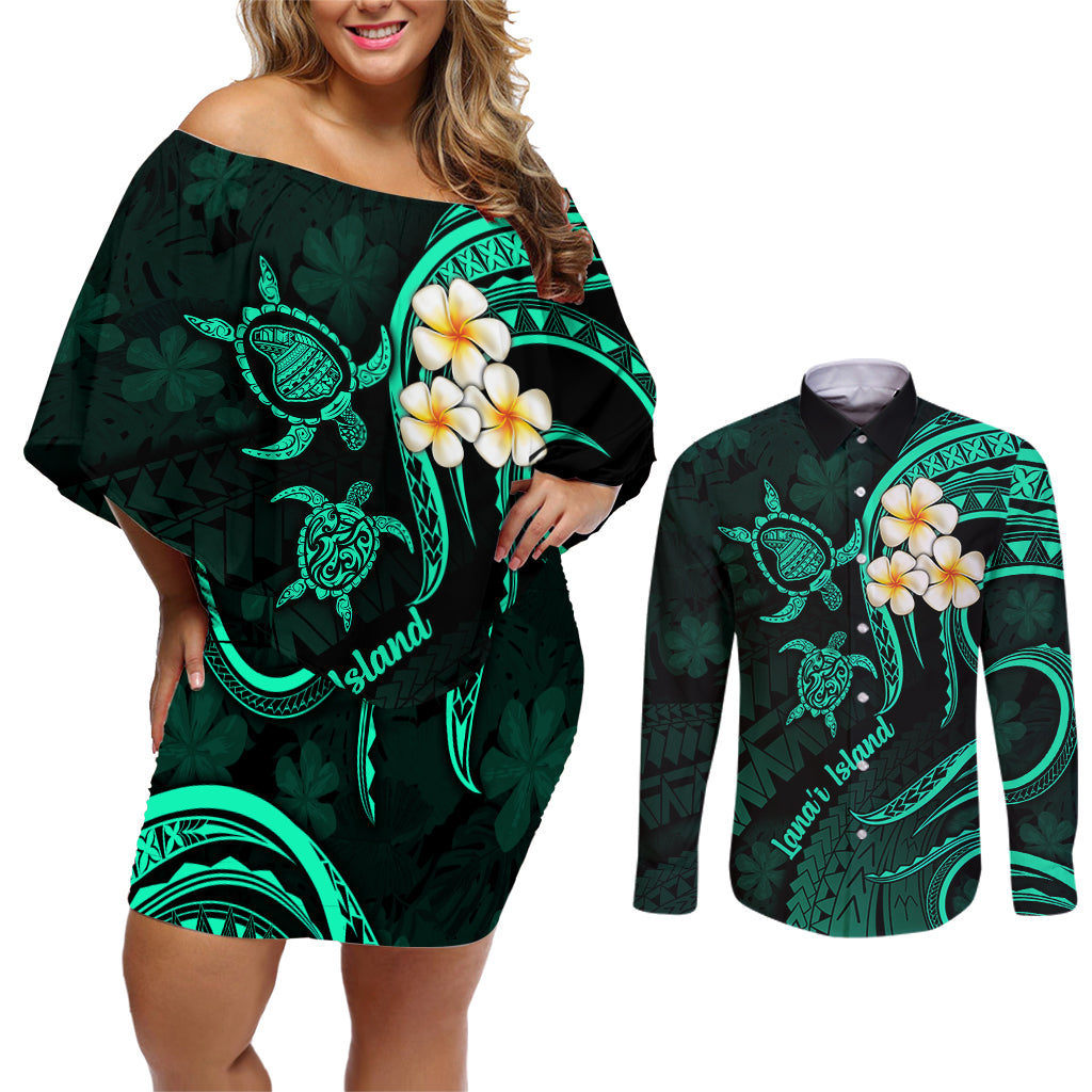 Polynesian Hawaii Couples Off Shoulder Short Dress and Long Sleeve Button Shirts Lanai Islands with Pacific Plumeria Turquoise Vibe LT9 Turquoise - Polynesian Pride