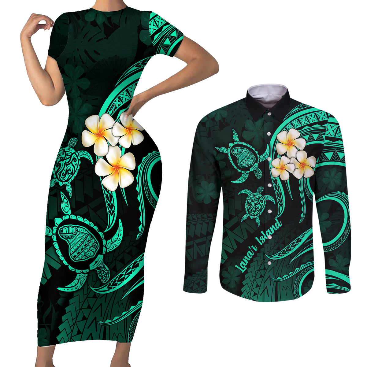 Polynesian Hawaii Couples Short Sleeve Bodycon Dress and Long Sleeve Button Shirts Lanai Islands with Pacific Plumeria Turquoise Vibe LT9 Turquoise - Polynesian Pride