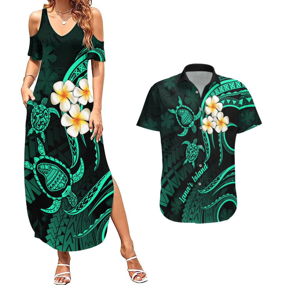 Polynesian Hawaii Couples Summer Maxi Dress and Hawaiian Shirt Lanai Islands with Pacific Plumeria Turquoise Vibe LT9 Turquoise - Polynesian Pride