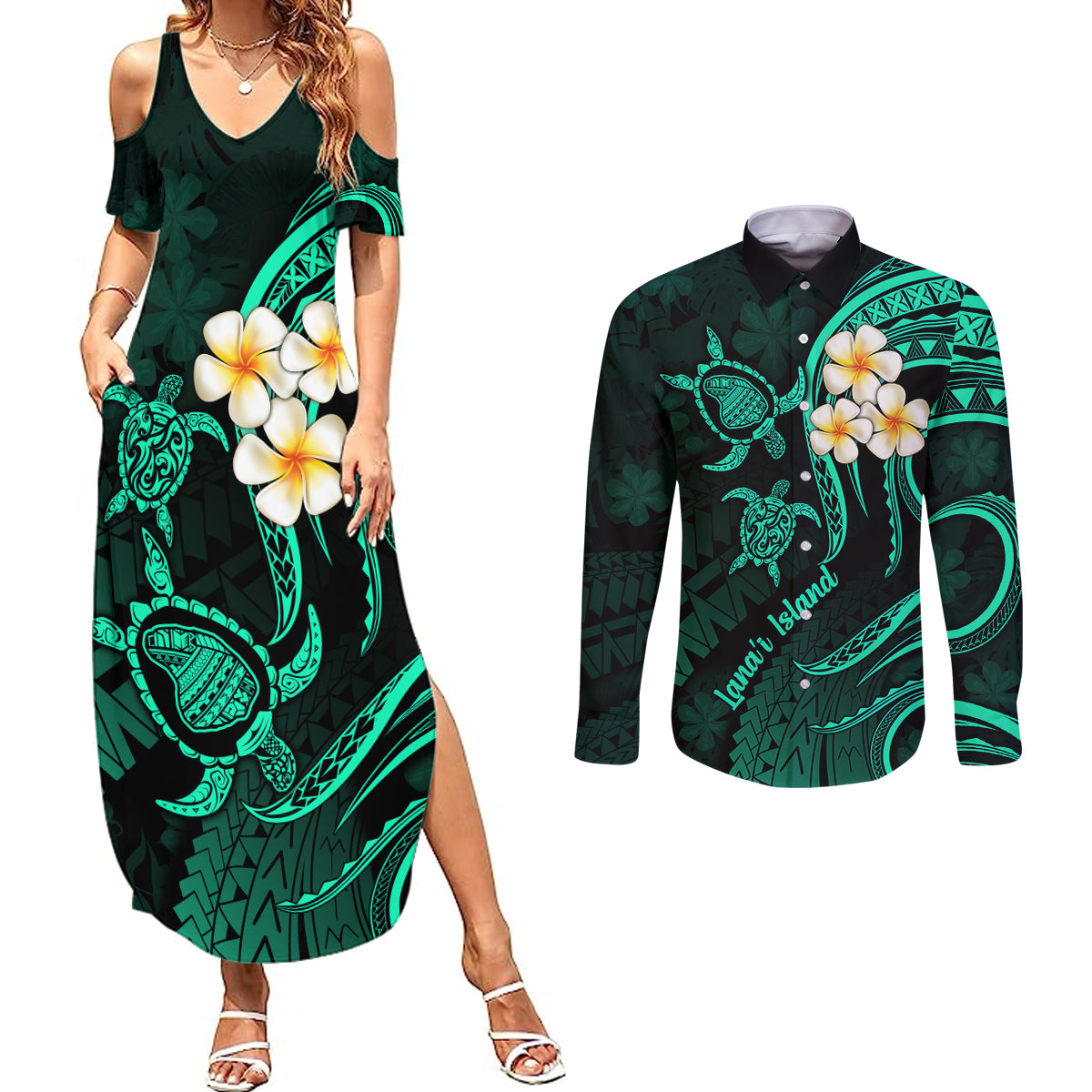 Polynesian Hawaii Couples Summer Maxi Dress and Long Sleeve Button Shirts Lanai Islands with Pacific Plumeria Turquoise Vibe LT9 Turquoise - Polynesian Pride
