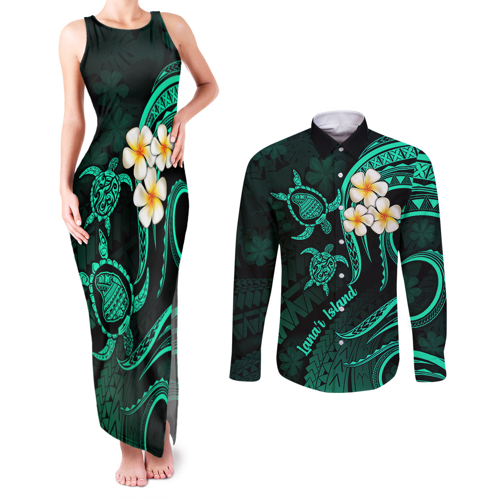 Polynesian Hawaii Couples Matching Tank Maxi Dress and Long Sleeve Button Shirts Lanai Islands with Pacific Plumeria Turquoise Vibe LT9 Turquoise - Polynesian Pride