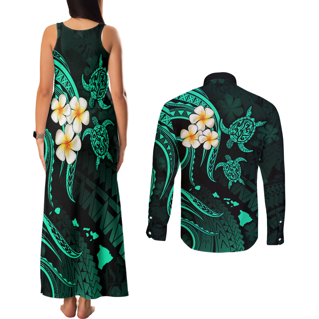 Polynesian Hawaii Couples Matching Tank Maxi Dress and Long Sleeve Button Shirts Lanai Islands with Pacific Plumeria Turquoise Vibe LT9 - Polynesian Pride