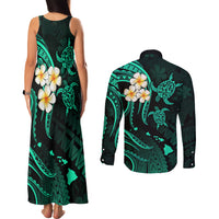 Polynesian Hawaii Couples Matching Tank Maxi Dress and Long Sleeve Button Shirts Lanai Islands with Pacific Plumeria Turquoise Vibe LT9 - Polynesian Pride