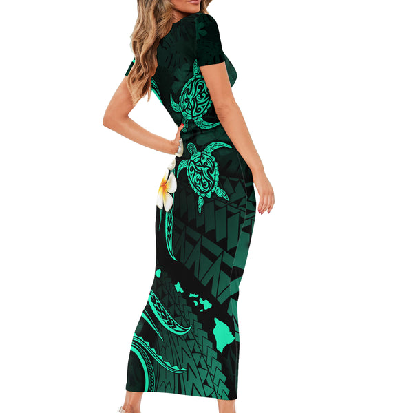 Personalized Hawaii Maui Short Sleeve Bodycon Dress Polynesian Fish Hook Hibiscus Gold Version LT05 main image 1