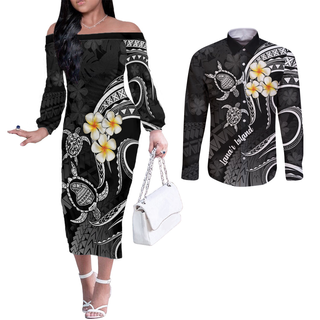 Polynesian Hawaii Couples Off The Shoulder Long Sleeve Dress and Long Sleeve Button Shirts Lanai Islands with Pacific Plumeria White Vibe LT9 White - Polynesian Pride