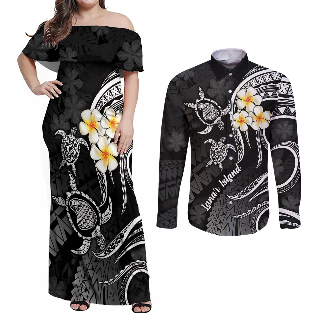 Polynesian Hawaii Couples Off Shoulder Maxi Dress and Long Sleeve Button Shirts Lanai Islands with Pacific Plumeria White Vibe LT9 White - Polynesian Pride