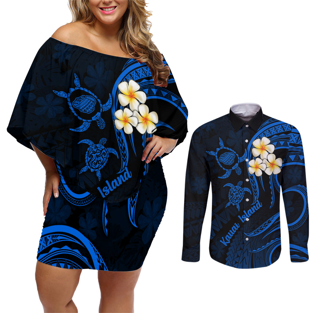 Hawaii Couples Off Shoulder Short Dress and Long Sleeve Button Shirts Kauai Islands Polynesian Sunset Plumeria LT9 Blue - Polynesian Pride