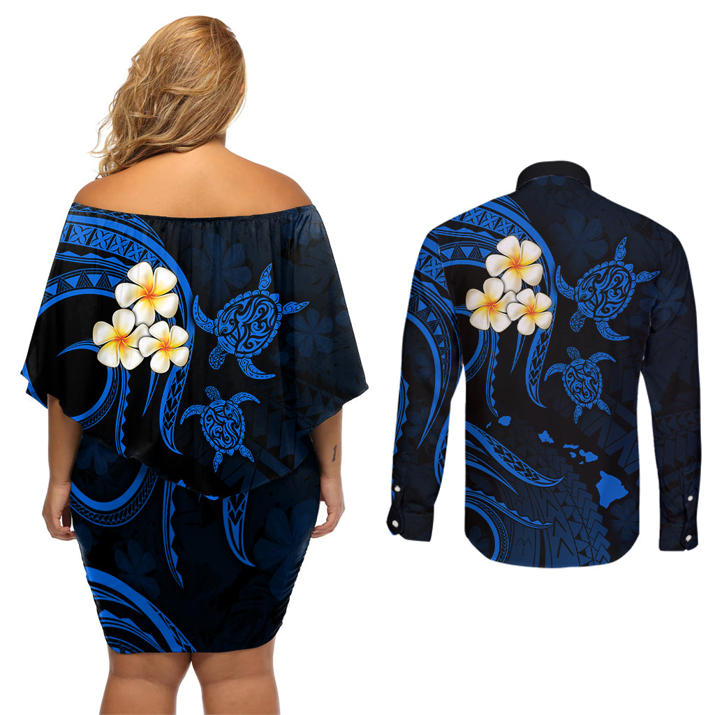 Hawaii Couples Off Shoulder Short Dress and Long Sleeve Button Shirts Kauai Islands Polynesian Sunset Plumeria LT9 - Polynesian Pride