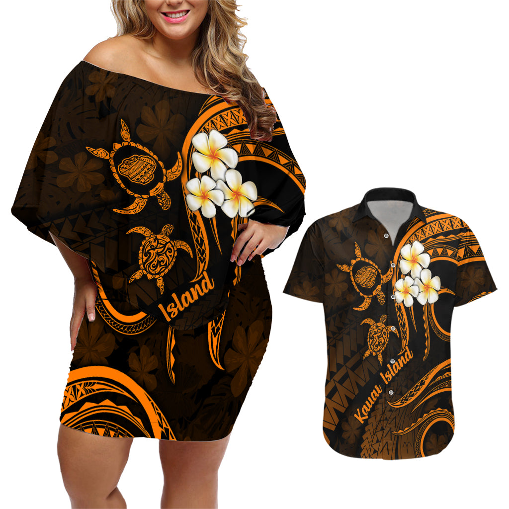 Hawaii Couples Off Shoulder Short Dress and Hawaiian Shirt Kauai Islands Polynesian Sunset Plumeria Gold Vibe LT9 Gold - Polynesian Pride