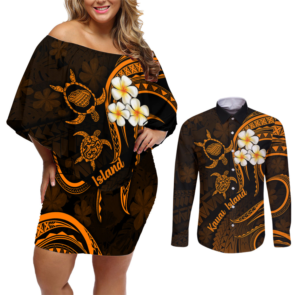Hawaii Couples Off Shoulder Short Dress and Long Sleeve Button Shirts Kauai Islands Polynesian Sunset Plumeria Gold Vibe LT9 Gold - Polynesian Pride